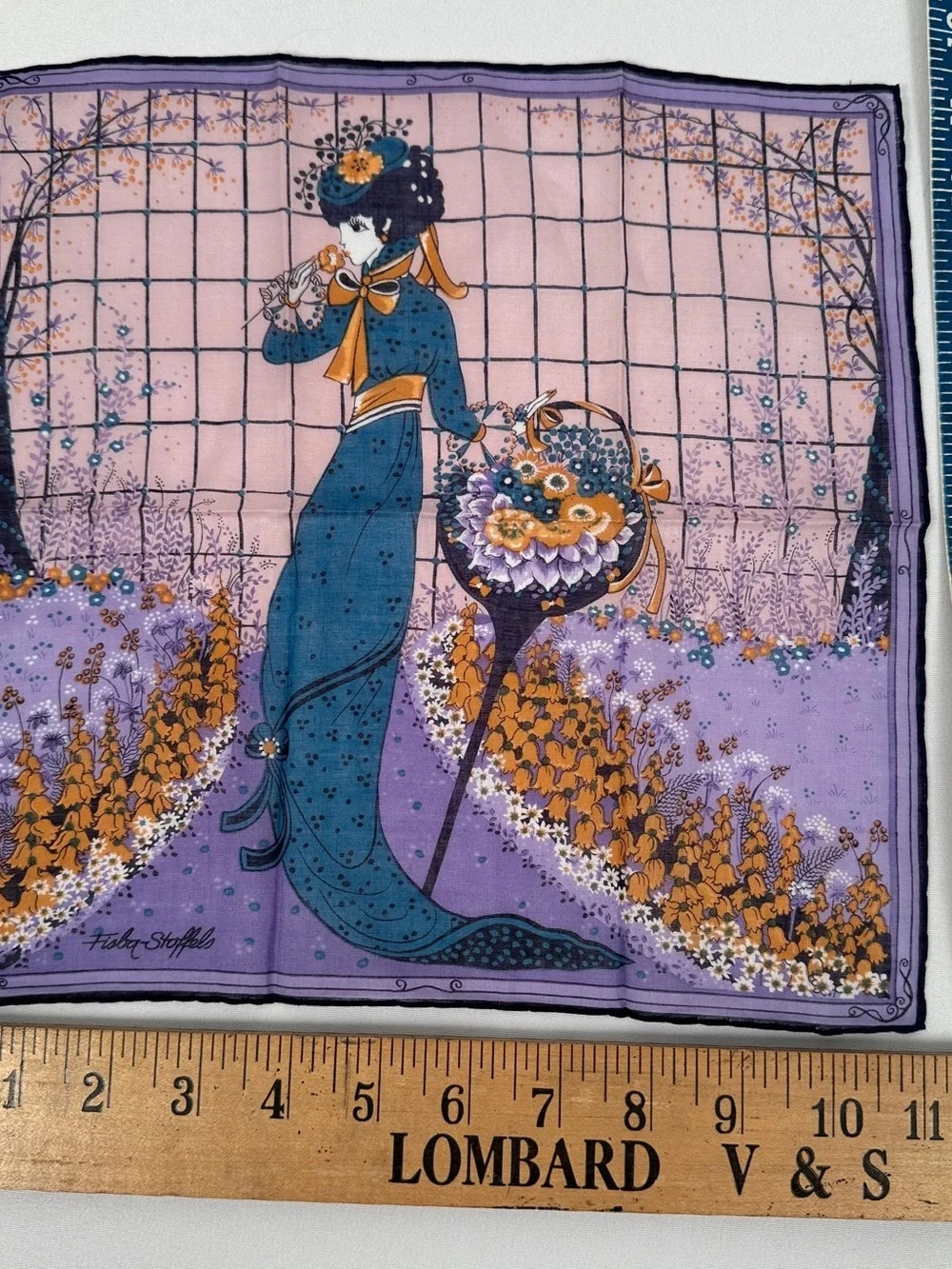 Vintage Fisba Stoffels Handkerchief EUC Art Nouveau Lady Print Silk Scarf Swiss